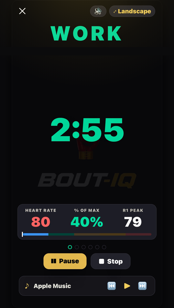 A Bout IQ round timer running, showing live heart rate at 80 bpm, 40% of maximum, and a round-one peak of 79.