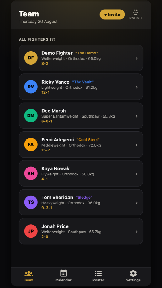 A coach's team screen listing seven fighters with weights, stances and records.